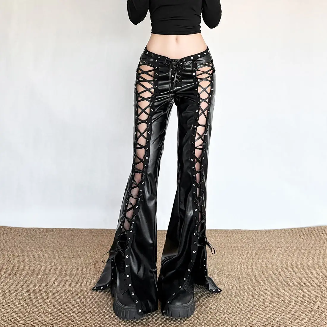 American Style Sexy Women's Leather Pants Hollow Strap Design Flared Pants Fashionable Casual Low-Waisted Slim Fit Pants New