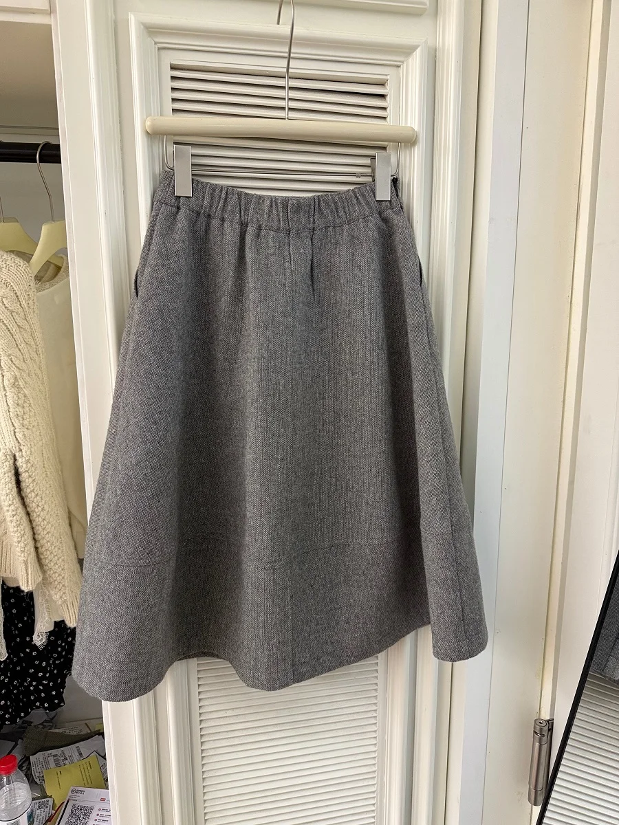 Falda Midi de lana mate para mujer, falda holgada de cintura alta con brotes de flores, falda informal acampanada Sle Ele para otoño e invierno