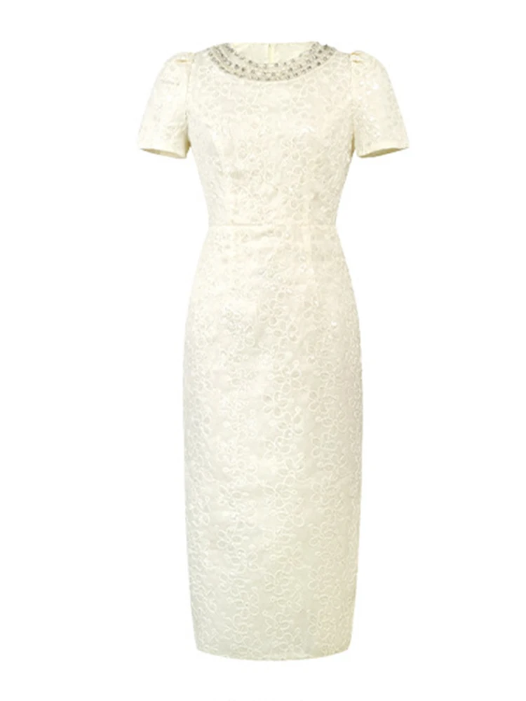 Robe de soirée élégante et Chic pour femmes, célébrité, perles, décolleté en diamant, coupe cintrée, mi-longue, Business