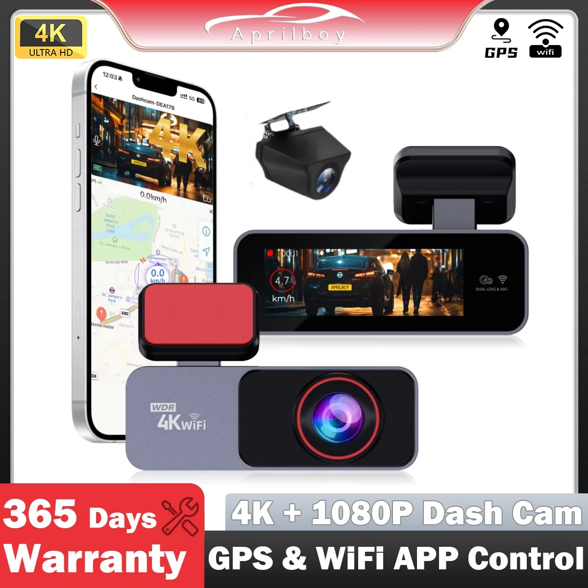 

Aprilboy Dash Cam 4K GPS WIFI APP 24H Night Vision Dashcam Car Camera DVR Video Recorder Rear View Camera for Car Black Box