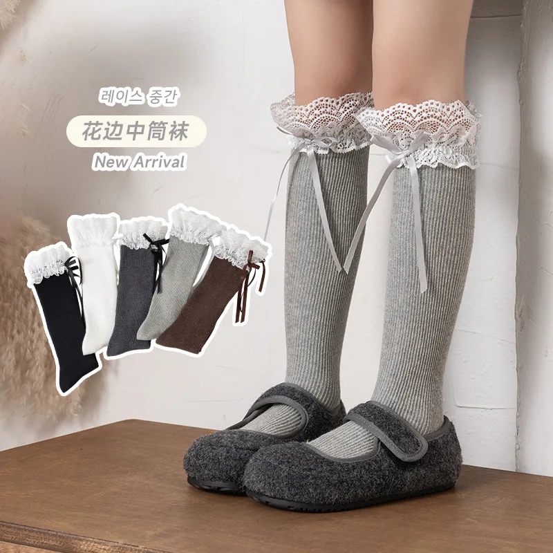 Sweet Girls Retro Knee High Socks Elegant Ballet Style Solid Tone Delicate Lace Edging Cute Bow Accent Comfort Elastic Stockings