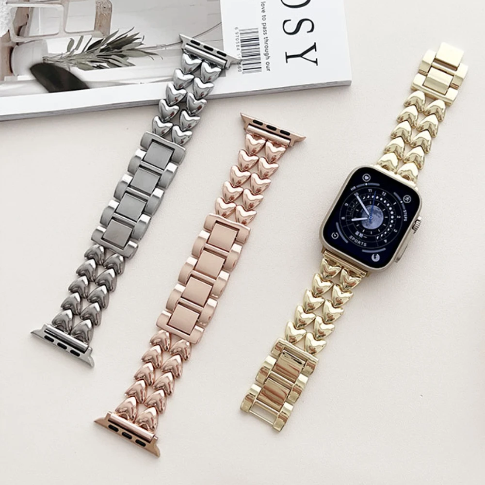 Metal Wristband For Apple Watch Ultra Band 49mm iWatch Series 8 7 6 5 SE 44mm 40mm Strap 41mm 45mm for Women Love heart Bracelet