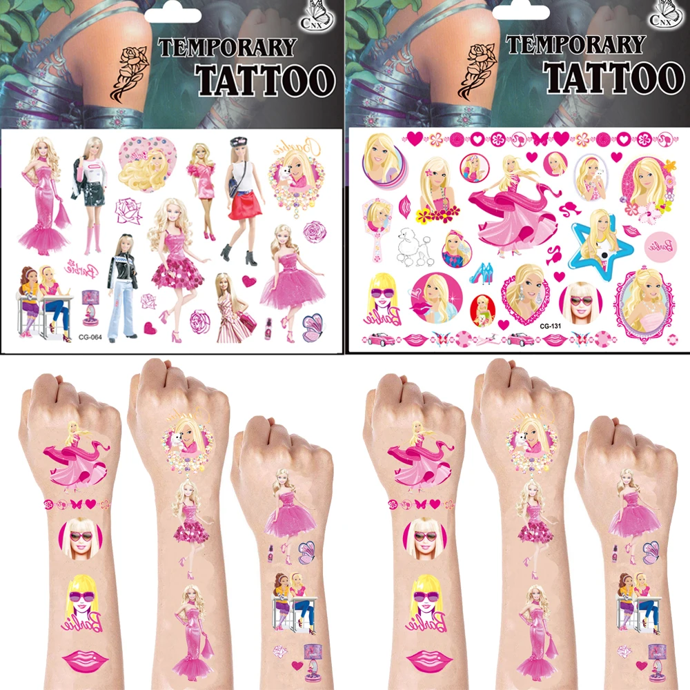 Pegatina de tatuaje de princesa Barbie para niños, decoración de fiesta de cumpleaños rosa, figura de acción, regalos para niños, juguetes para Baby