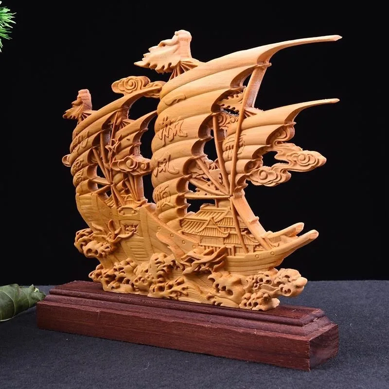 Arborvitae Wood Carving Dragon Boat Smooth Decoration Solid Wood Carving Smooth Classical Hollow Carving Wooden Crafts