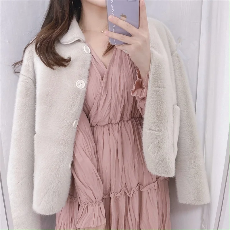 Japanese Fashion Women Faux Fur Coats Short Cut Long Sleeves Light Warm Winter Design New Arrivals