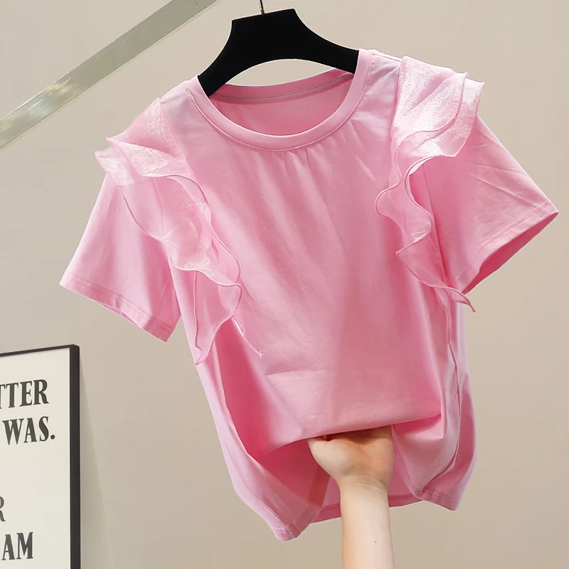 

New Heavy Embellied ort Sve T-irt Women's Design Slimming Patchwork Faionable Casual Sle round Ne ort Length