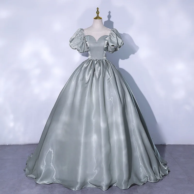 

Gray-green Bubble Sleeve Evening Dress Princess Temperament Bride Wedding Performance Art Test Solo Host Court Style