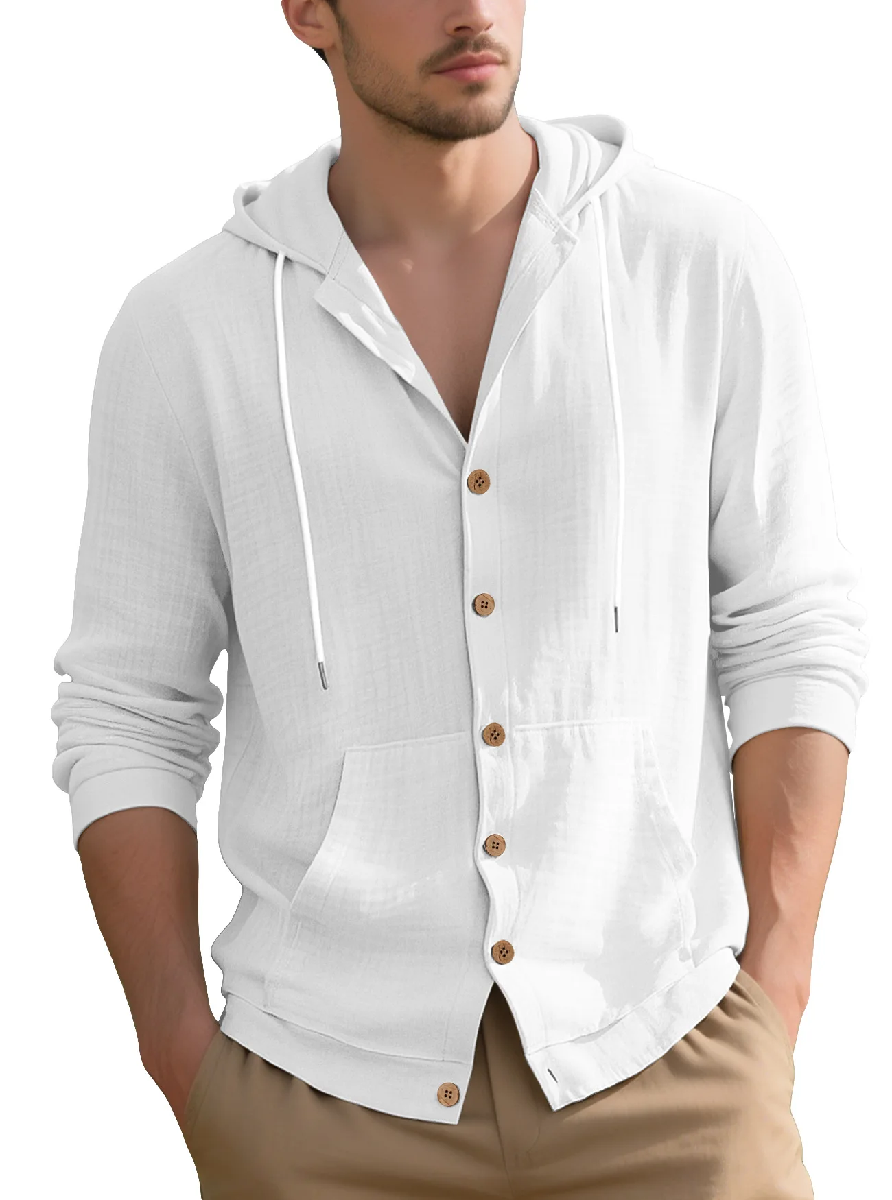 Casual hooded button-up shirt with adjustable drawstring hood, front pocket, palm pocket, long sleeves, spring-autumn top.