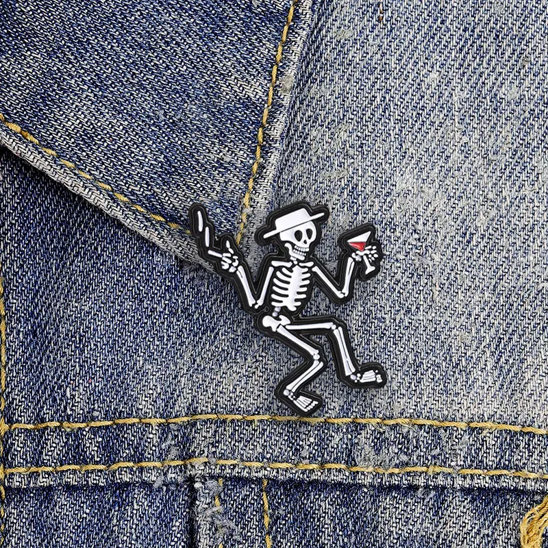 Funny Dancing Skeleton Enamel Pin Halloween Party Red Wine Skull Brooch For Party Jackets Bags And Gothic Style Accessories