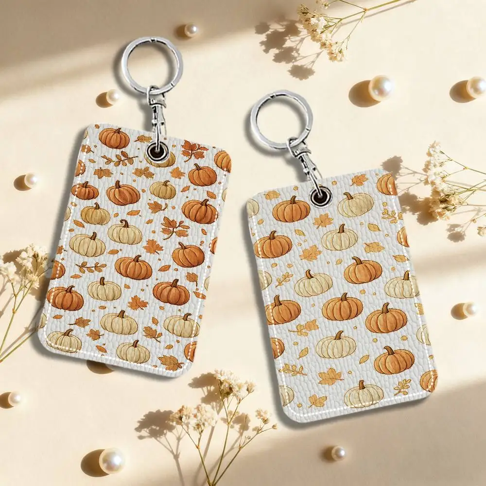Autumn Pumpkin Falling Leaves Keyring Leather Access Card Holder Keychain Community Proximity Card Protective Case