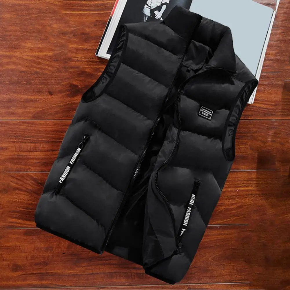 Men Winter Vest Stand Collar Thickened Padded Windproof Warm Down Waistcoat Sleeveless Strap Decor Thickened Men Quilted Vest