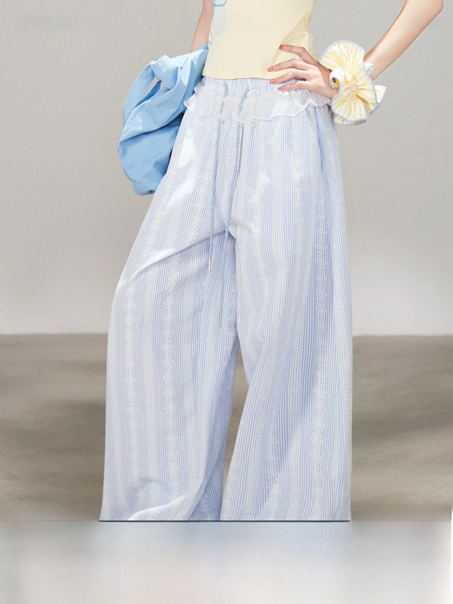 

NERESUM Lace Trim Patchwork Striped Loose Casual Pants Women's Sweet Vacation Style Straight Leg Wide Leg Pants
