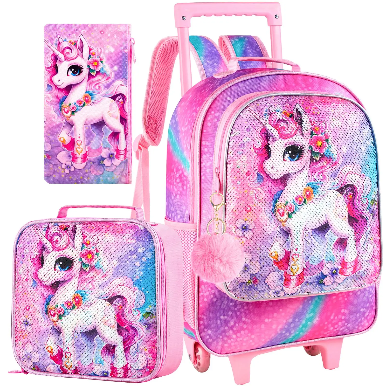 3PCS Cute Unicorn Wheeled Backpack for Kids, Sequin Rolling School Bag Set with Lunch Box & Pencil Case