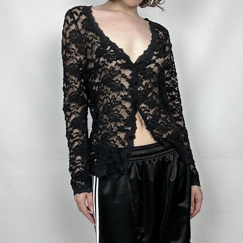 Goth Dark Jacquard Lace See Through Single Breasted Cardigan T-shirt Sexy V-neck Sheer Blouses Women Y2K Chic Thin Tops Techwear