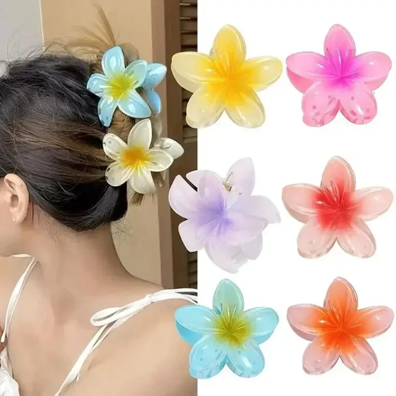 Elegant Gradient Plumeria Acrylic Hair Claw for Women Fashion Flower Hairpins Back Headwear Hair Accessories Jewelry Gifts