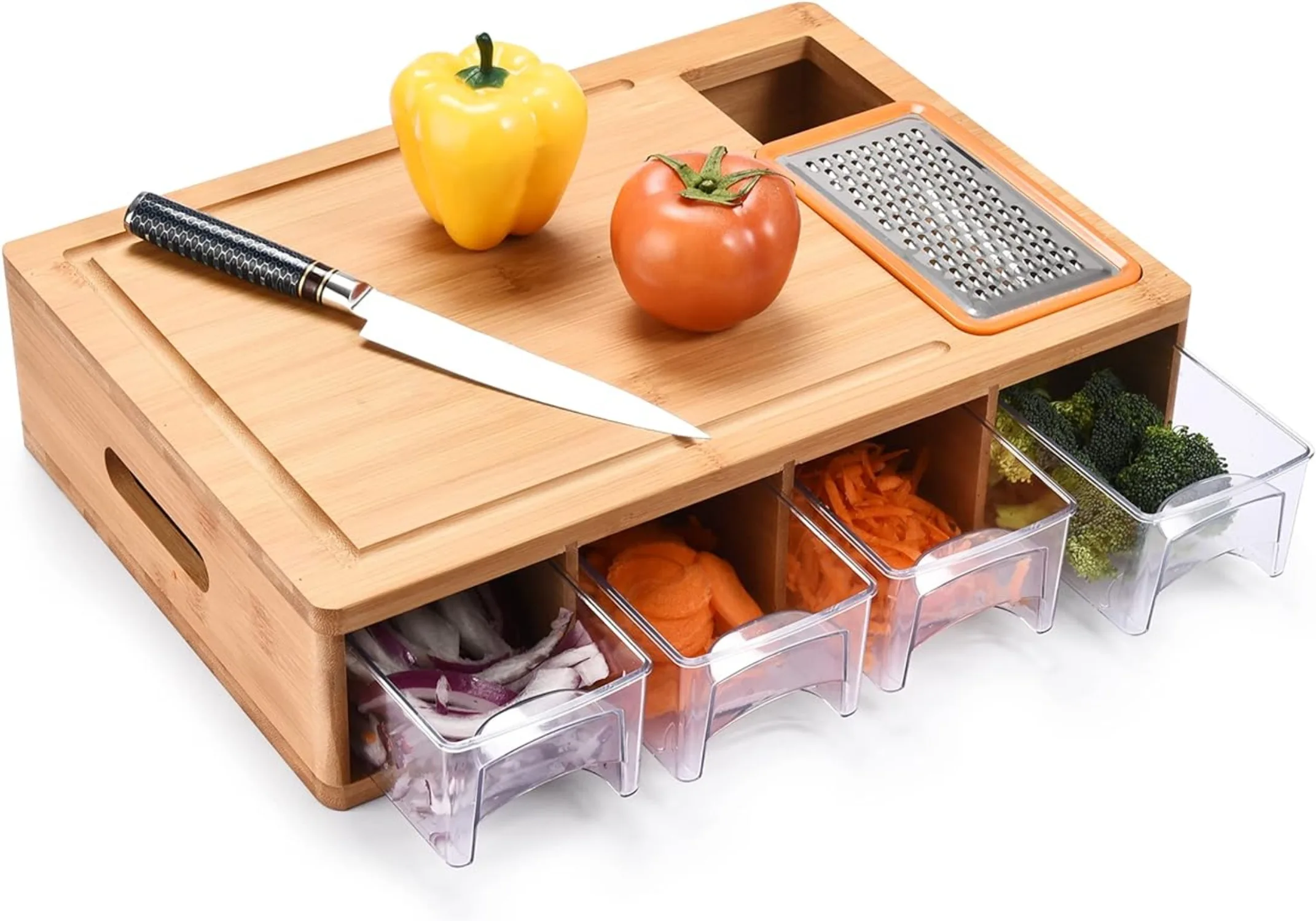 

Wooden Cutting Board - Comes with Food Container Organizer Cheese Cutter and Juice Slot for Vegetables Meats and More