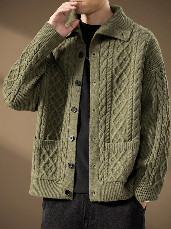

Мужской вязаный кардиган на пуговицах с узором «косы», свободного кроя, для весны и осени, удобный, из полиэфирного волокна