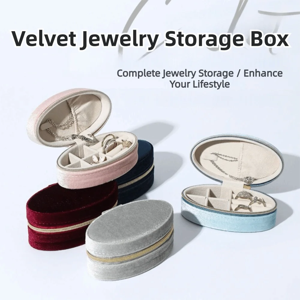 New Portable Velvet Jewelry Box Ellipse Small Travel Jewelry Case Zipper Jewelry Organizer Pouch Ring Earrings for Women