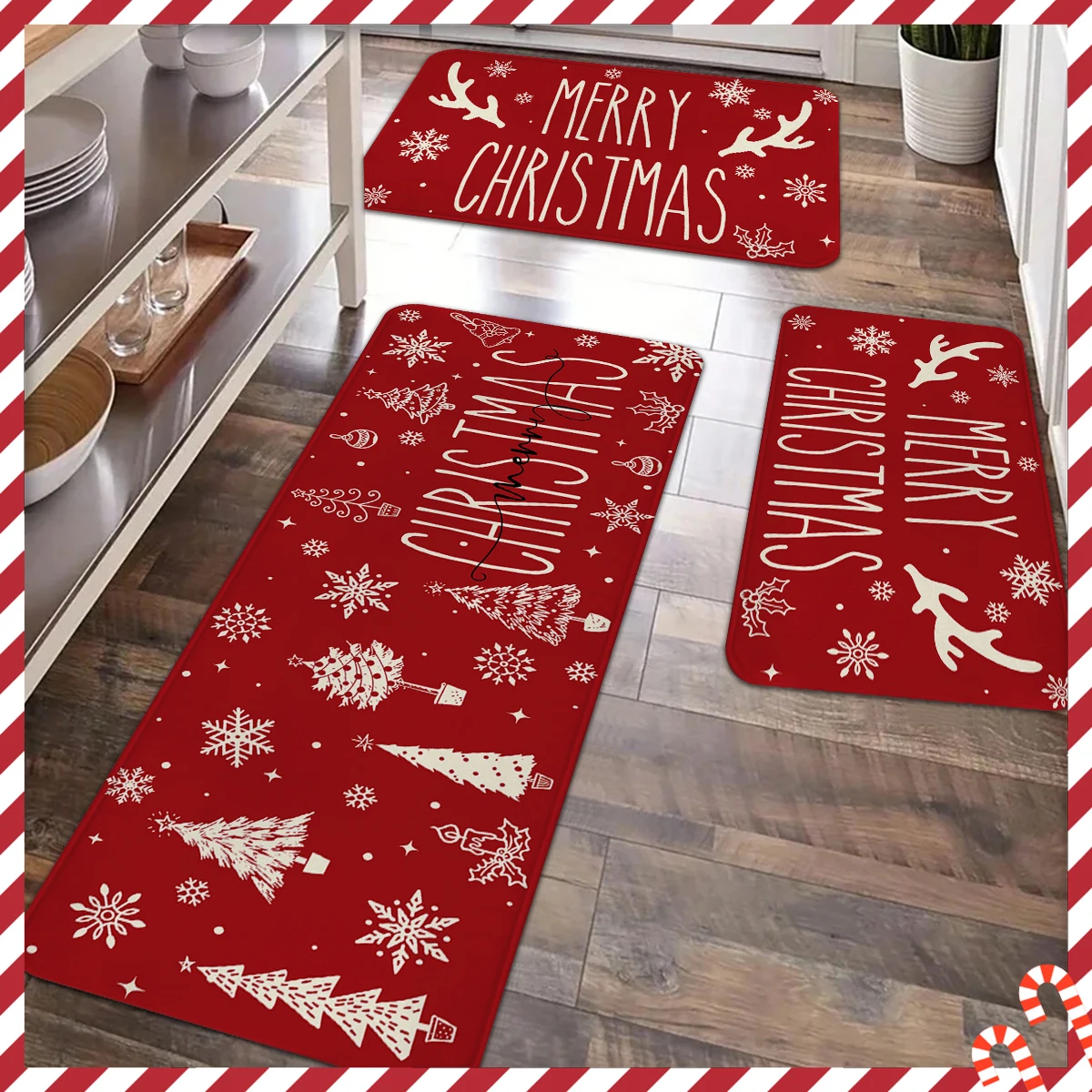 

1/2/3pcs Merry Christmas Kitchen Carpet Mat Christmas Tree Pattern Flannel Soft Non-Slip Comfortable Floor Mat for Holiday Home