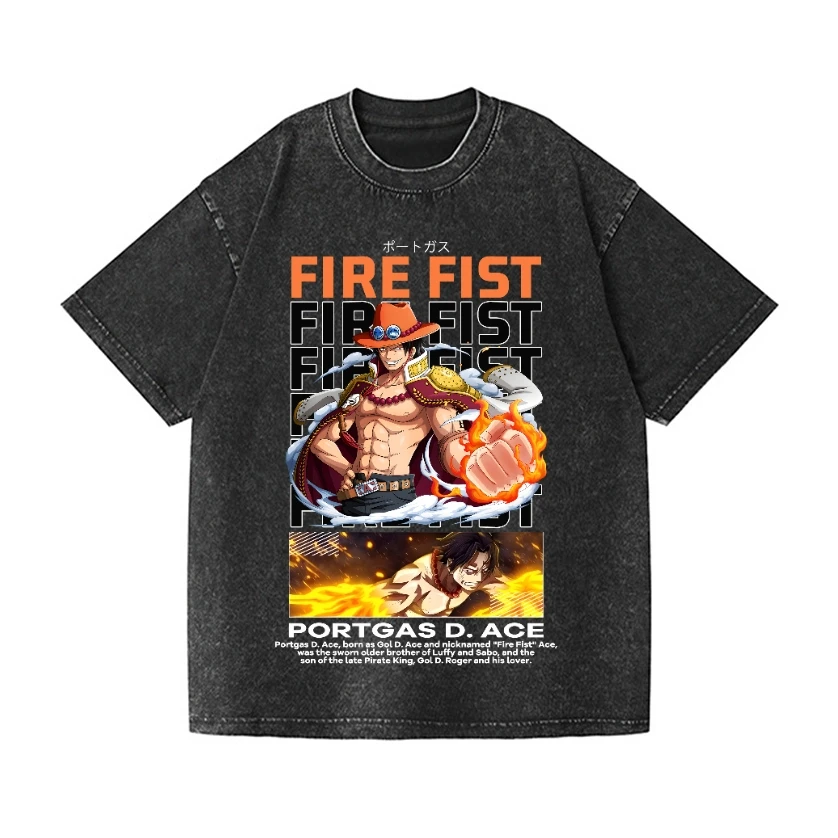 One Piece Ace Vintage Wash Japanese Design T-Shirt High-quality Streetwear Men's Clothing 2026 Summer New Wash  T Shirt
