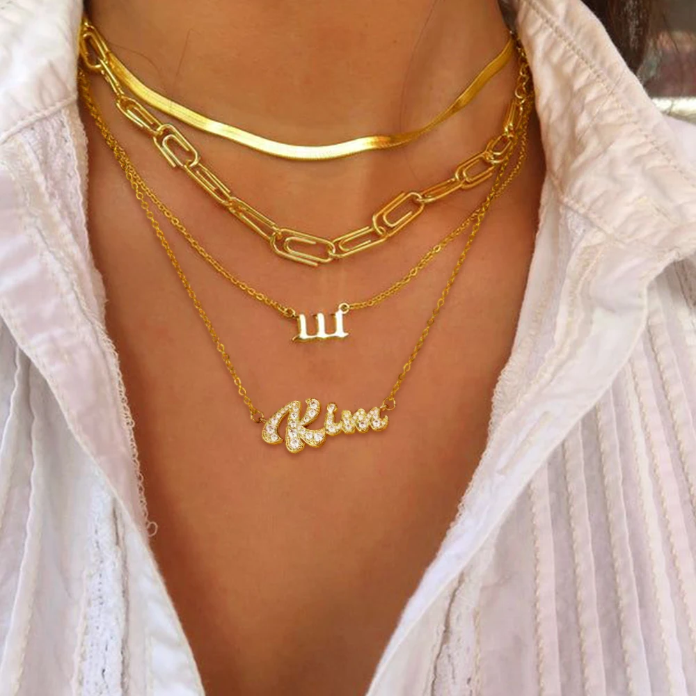 Custom Diamond Pave Script Name Necklace Initial Pendant Gold Dainty Chain Sparkling Bling Jewelry Gift for Her Women Girlfriend