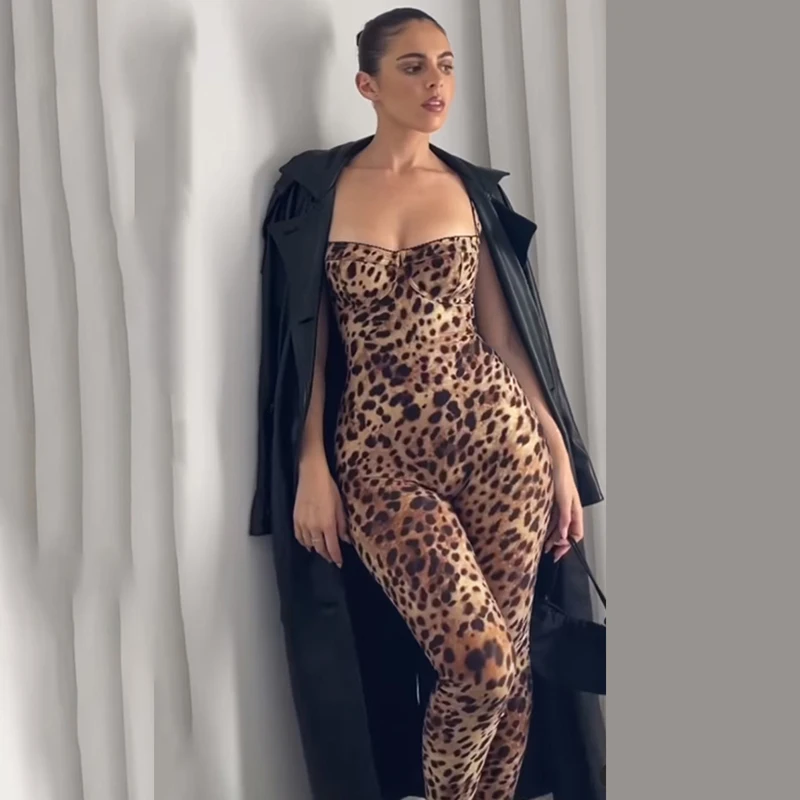 Women's 2025 Long jumpsuits leopard print sleeveless monkeys fashion full length pants casual tight enterito suspenders trousers