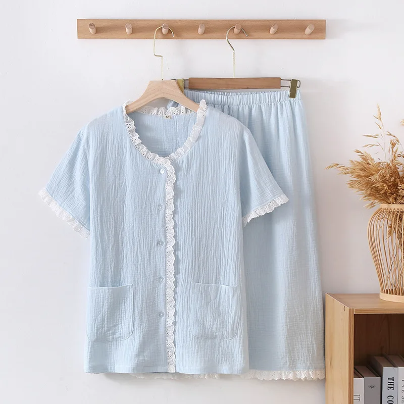 

Summer New Pajamas 100% Cotton Short Sleeve Pijamas Set For Women Two-Piece Sweet Lace Set Night Clothes Women's Sleepwear