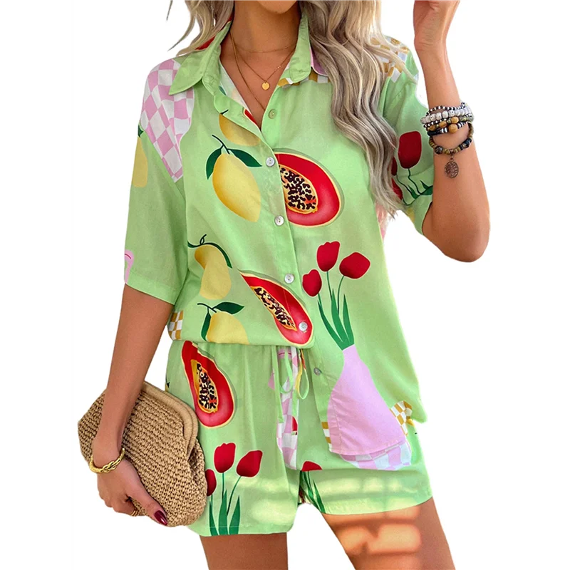 AOAO-Женская мягкая летняя футболка с тропическим принтом и v-образным вырезом, топ на пуговицах с короткими рукавами, шорты, комплекты из 2 предметов