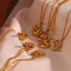 E.B.belle New In Meaningful 18K Gold Plated Stainless Steel Jewelry Famous City Paris New York Coin Necklace For Women Jewelry