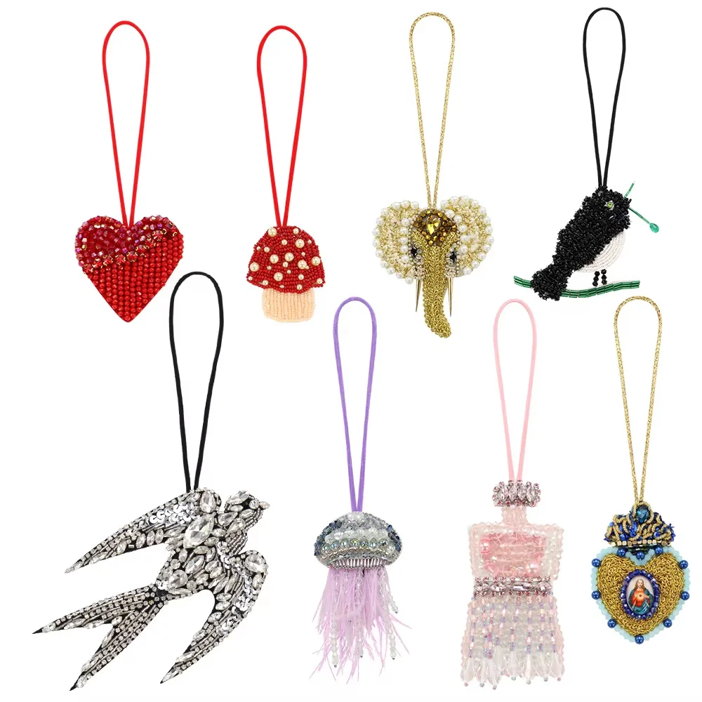 3D Handmade Bead Patches Keychain Pendant Sequin Rhinestones Bird Animal Pearls Tassels Hanging Rope Crystal Bag Decor Lanyard