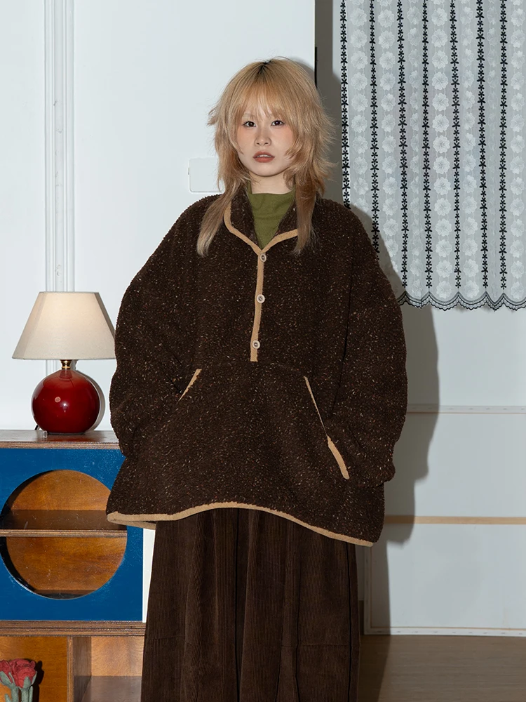 

Ретро-куртка из овечьей шерсти с одним пуговицей на воротнике, свободного кроя, осенне-зимняя, коричневая, женская верхняя одежда