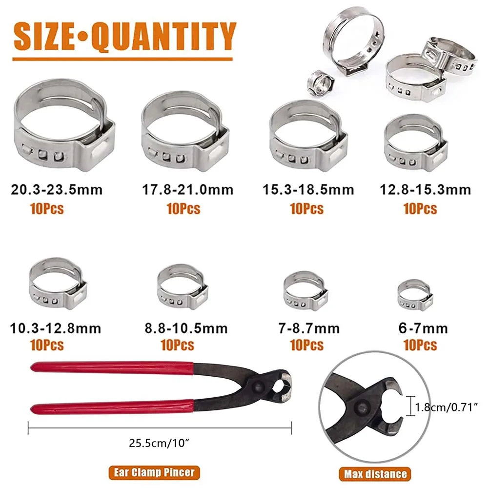 80pcs Single Ear Stepless Hose Clamps with Pincer, 304 Stainless Steel 6-23.5mm Crimp Hose Clamp Kit for Securing Pipe Hoses