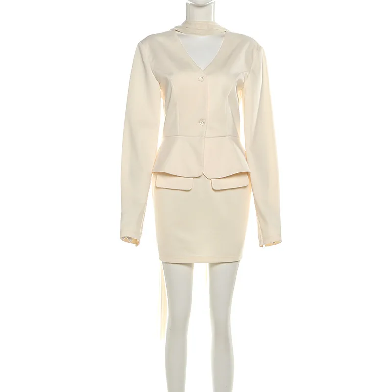 الصلبة أنيقة مكتب سيدة 3 قطعة مجموعة شبكة وشاح الخامس الرقبة طويلة الأكمام واحدة الصدر القمم + التنانير قلم رصاص صغير 2025 الخريف الدعاوى