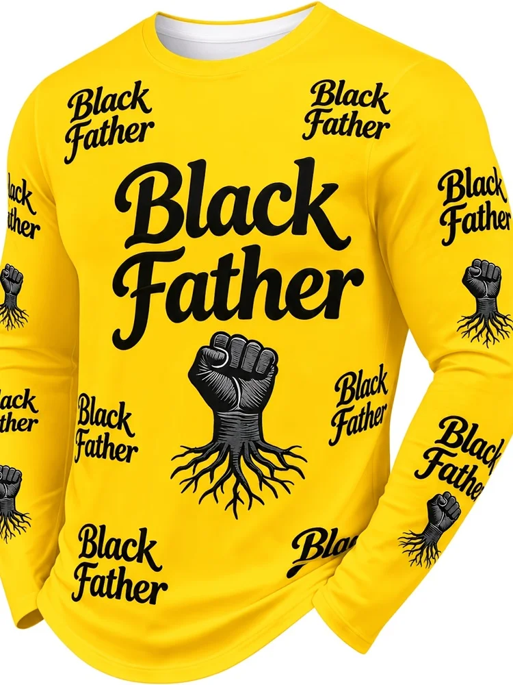 Men's Black Father Fist Roots Long Sleeve T-Shirt African American Dad Father's Day Gift Graphic Tee Pullover Tops Yellow