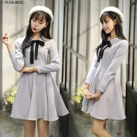 New Year Cute Mini Dresses Basic Wear Preppy Style Japan Girls Solid Little Black Bow Tie Shirt Dress