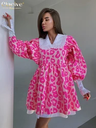 Clacive Fashion Print Vrouwen Jurk 2022 Casual Chic Pop Kraag Lantaarn Mouwen Mini Jurken Elegante Losse Patchwork Vrouwelijke Jurk