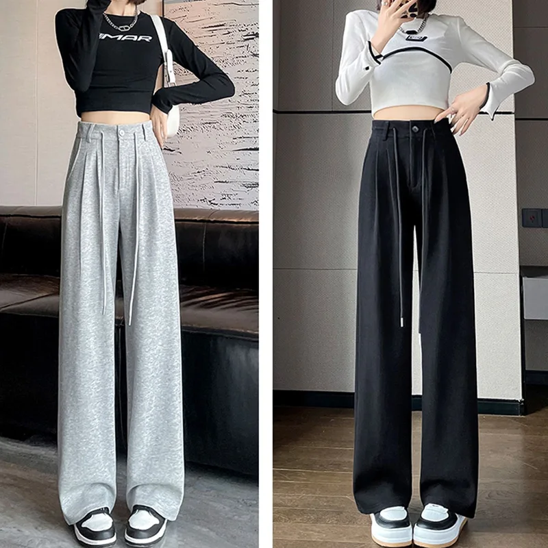 Women Classic High Waisted Straight Leg Pants Lady Daily Baggy Draping Sweatpants Female Concise Gray Black 2024 Casual Trousers