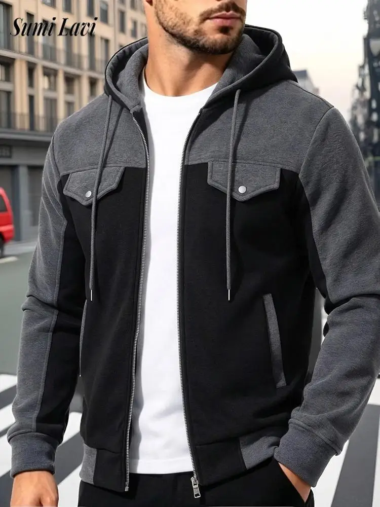 Vintage Zip-up Hooded Coats Mens 2026 Autumn Outdoor Contrast Color Long Sleeve Cardigan Men Daily Casual Outerwear Men