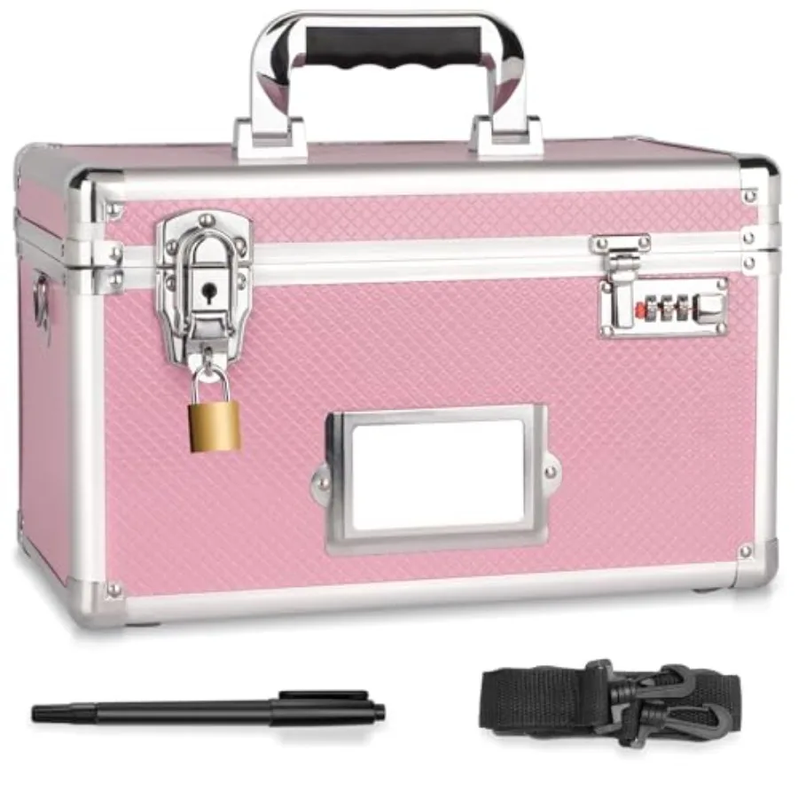 

Medication Lock Box Lockable Storage Box with Dual Locks Combination and Padlock Lockbox with Shoulder Strap and ID Label Slot