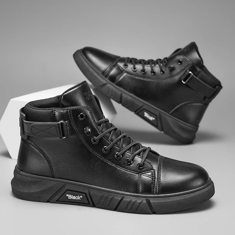 2026 Men's High Top Motorcycle Boots Fashion Black Leather Boots New Outdoor Waterproof Platform Boot Men Boots Luxury Designer