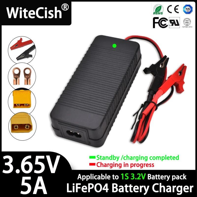 3,65 V Lifepo4-Ladegerät 5 A für 3,2 V 3,3 V 1S Lifepo4-Batterieladegerät mit Clip/Kupfernase/XT60/XT90-Stecker