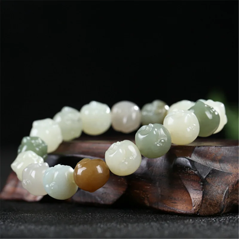 Natural Xinjiang Hetian Bracelet Men's and Women's Smiling Maitreya Buddha Head Jade Multi Jewels Bracel