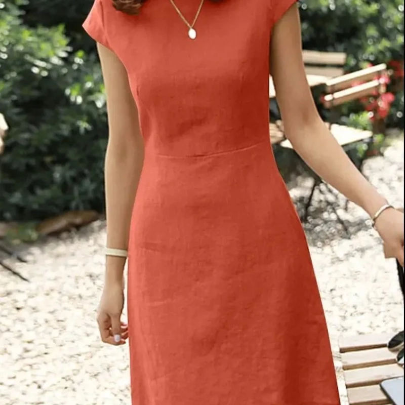 2025 Lente Katoen Linnen Damesjurken O-hals Korte Mouw A-lijn Casual Jurken Vrouwelijke Trendy Mode Losse Kleding Dames