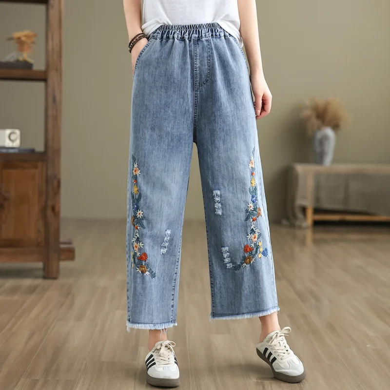 

Retro Ethnic Cotton Women's Loose Wide Leg Jeans Embroidery High Waist Holes Faionable Summer Dumpling Wide Leg P...