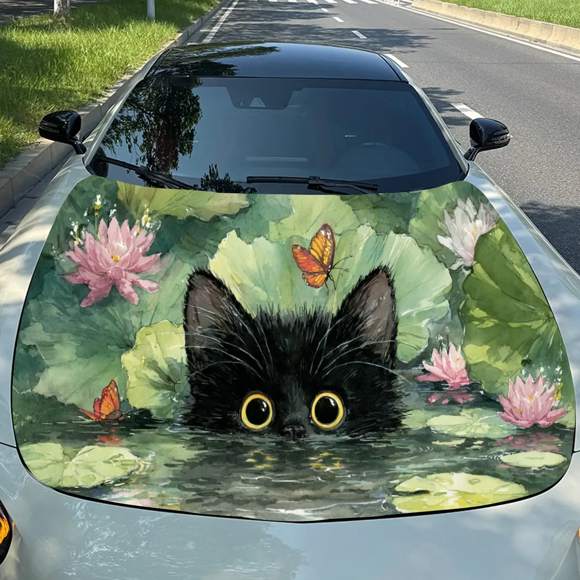 Adorable Black Cat in Pond PVC Car Engine Hood Vinyl Wraps, Self-Adhesive Waterproof Car Hood Decal Sticker, Car Decoration Prot