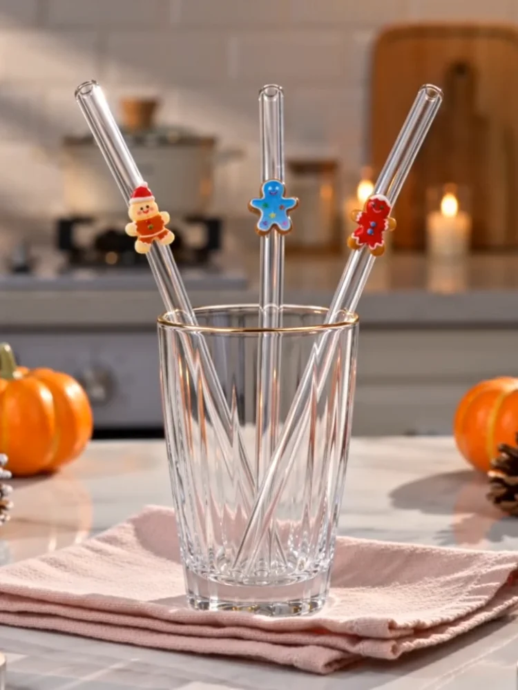 3PCS Christmas Gingerbread Man Combo Red Blue Orange Glass Straws Bend Reusable Clear Drinking Straws Coffee Juice Gift Xmas