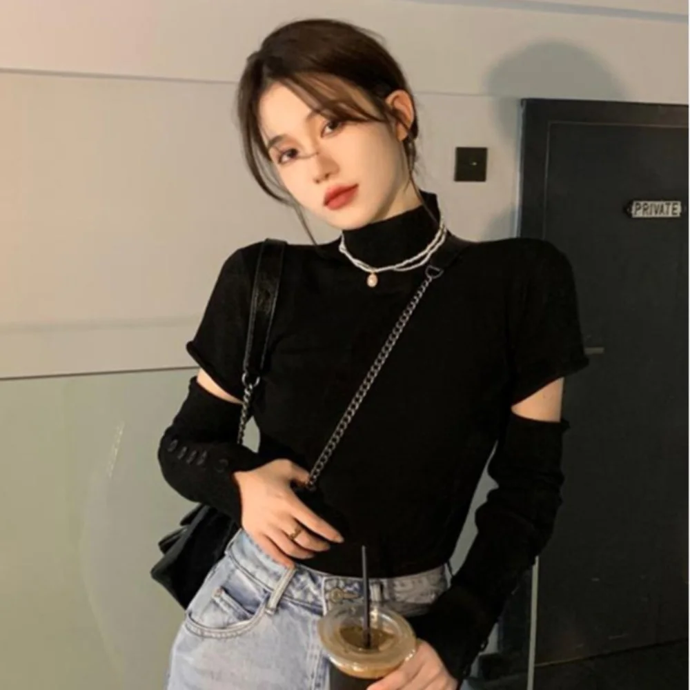 

Detachable Long Sleeves Pullover Women Spring Autumn Knitted Slim Fit High Collar Tops Hollow out Design Korean Fashion T-Shirt