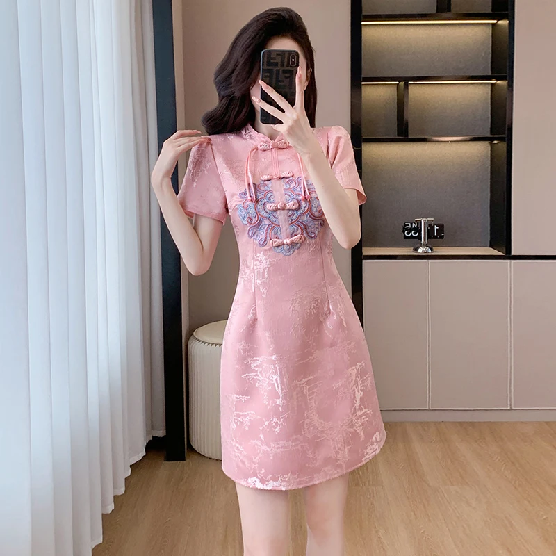 

Ins Pink Apricot 2024 New Fashion Modern Chinese Cheongsam A-line Dress Women Short Sleeve Qipao Traditional Chinese Clothes