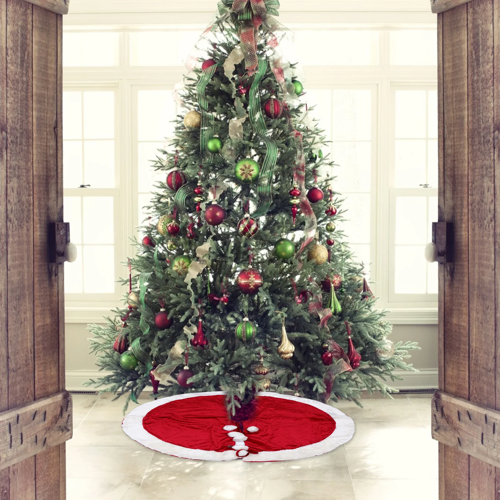 

1pc Christmas Tree Skirt Red Xmas Tree Apron For Holiday Home Decoration Living Room Garden Party Supplies Mat Decor