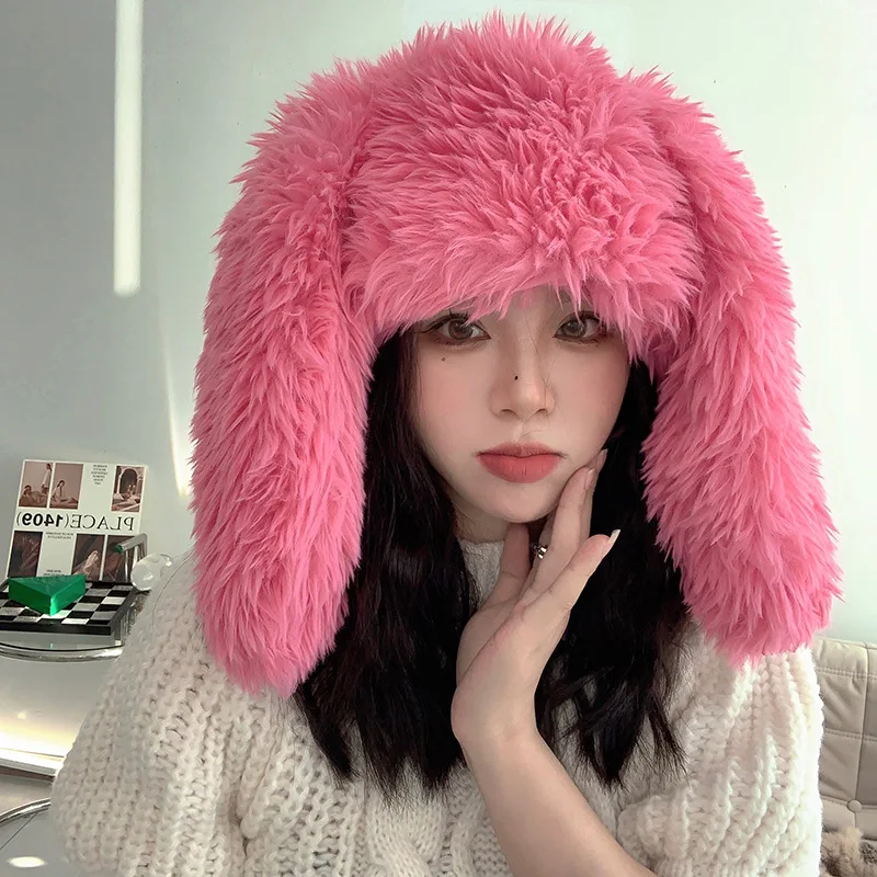 Sweet and Cute Rabbit Ears Plush Hat Female Winter Thickened Warm and Cold Personality Ear Protection Hat